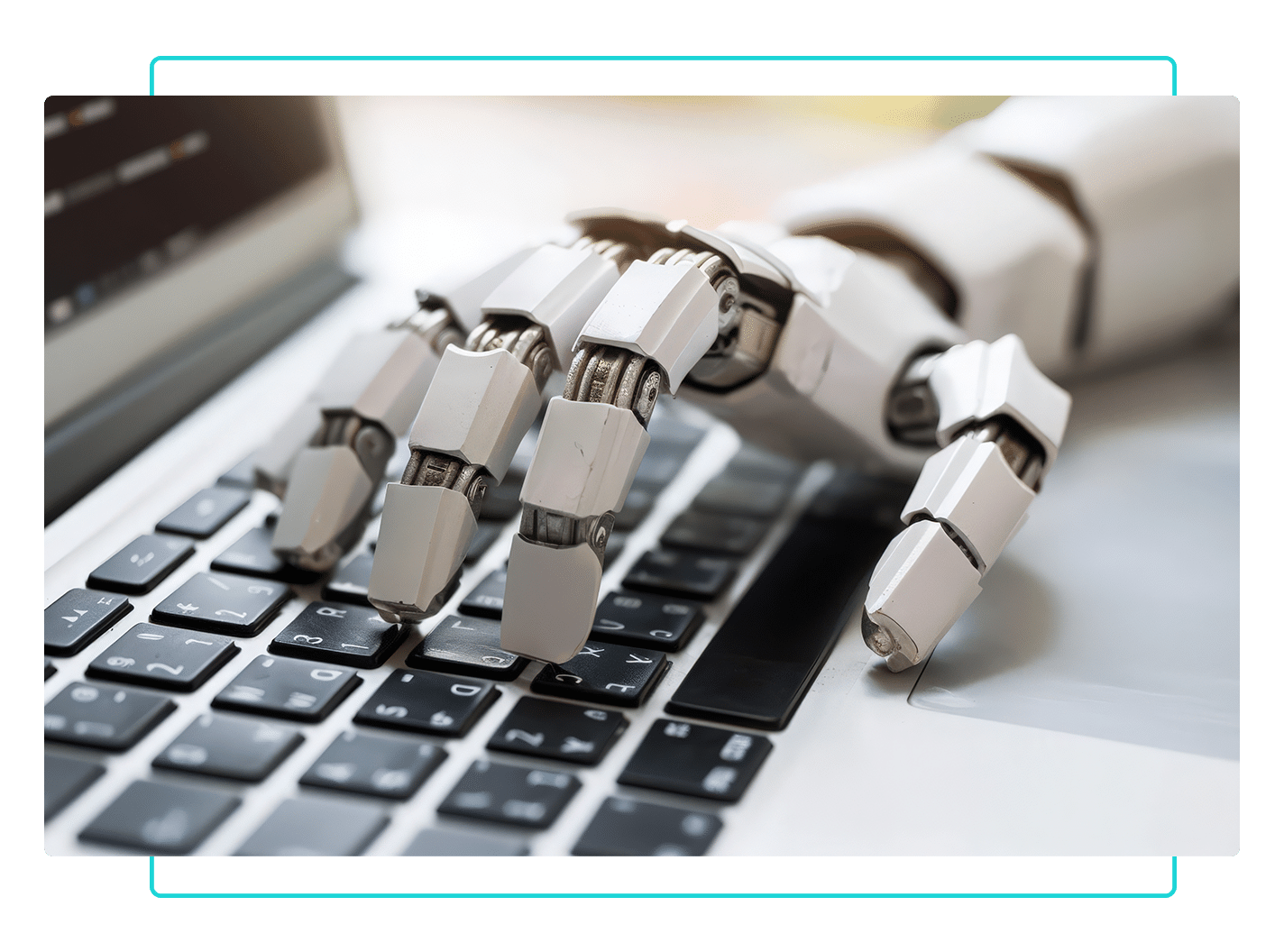Robotic hand typing on keyboard.
