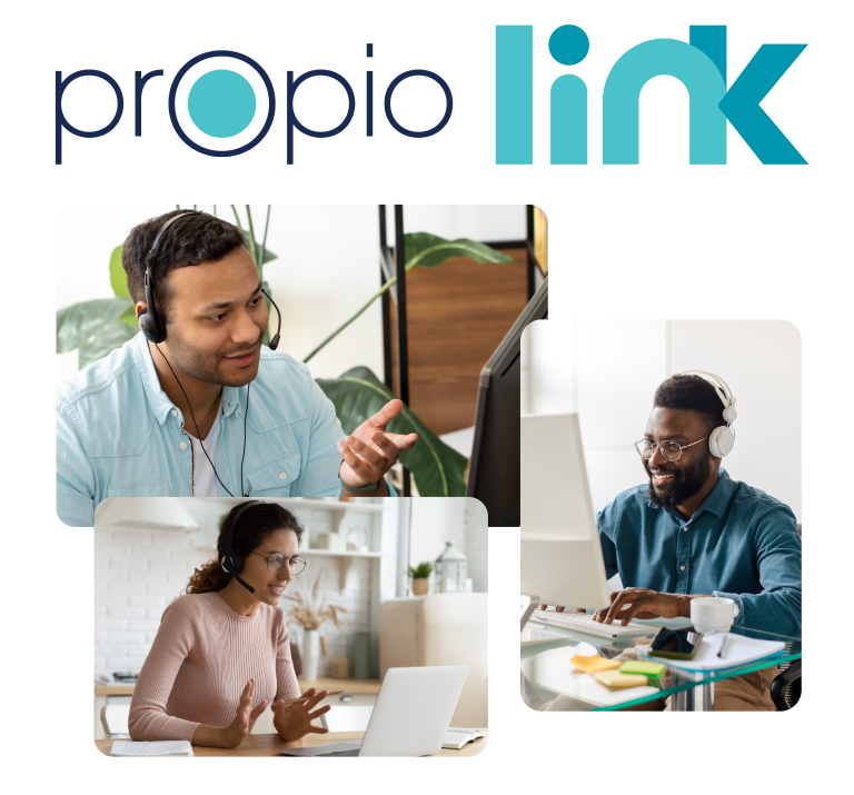 Propio Link logo with three images of video interpretation sessions