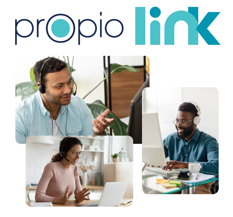 Propio Link logo with three images of video interpretation sessions