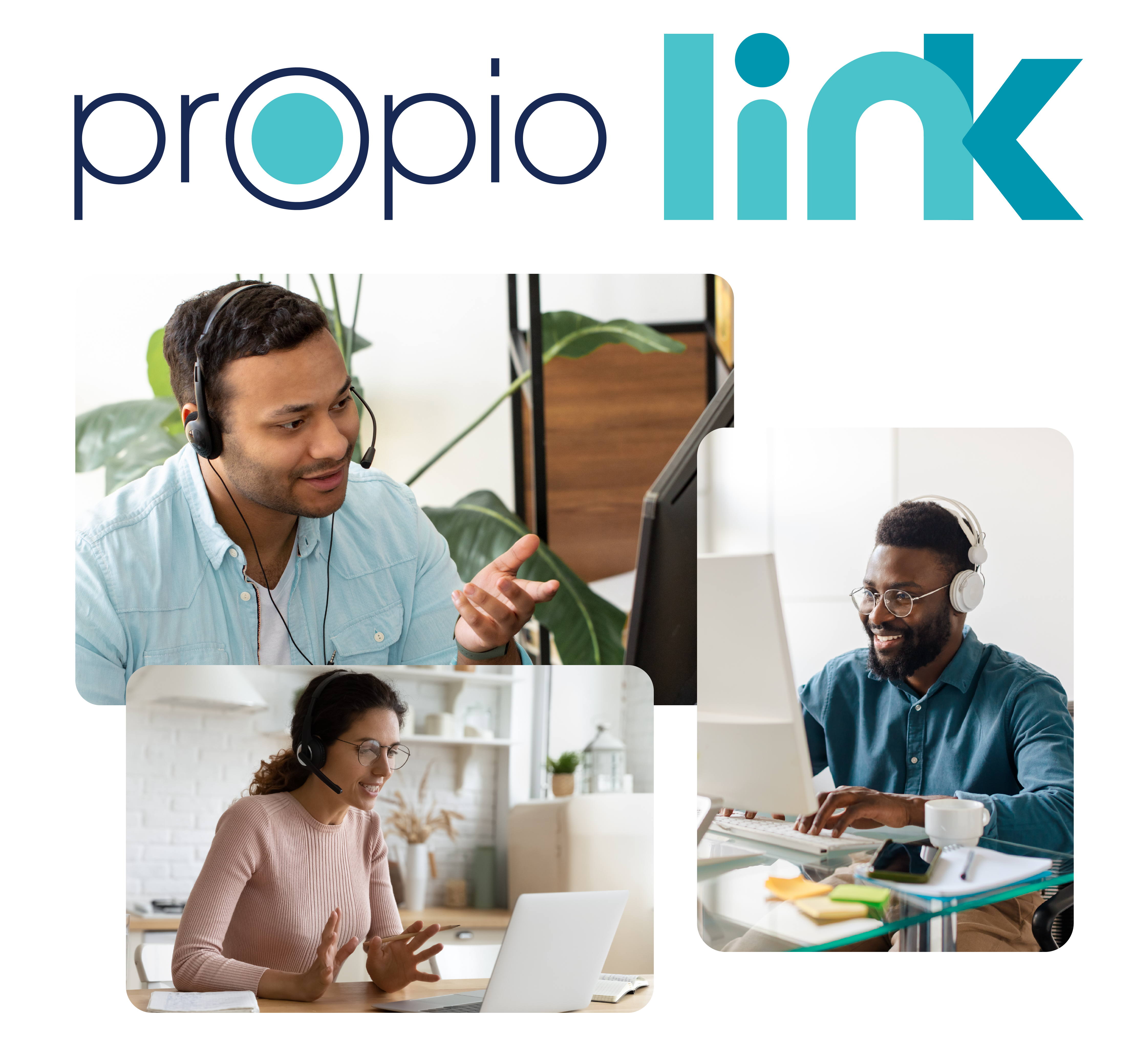 Propio Link logo with three images of video interpretation sessions