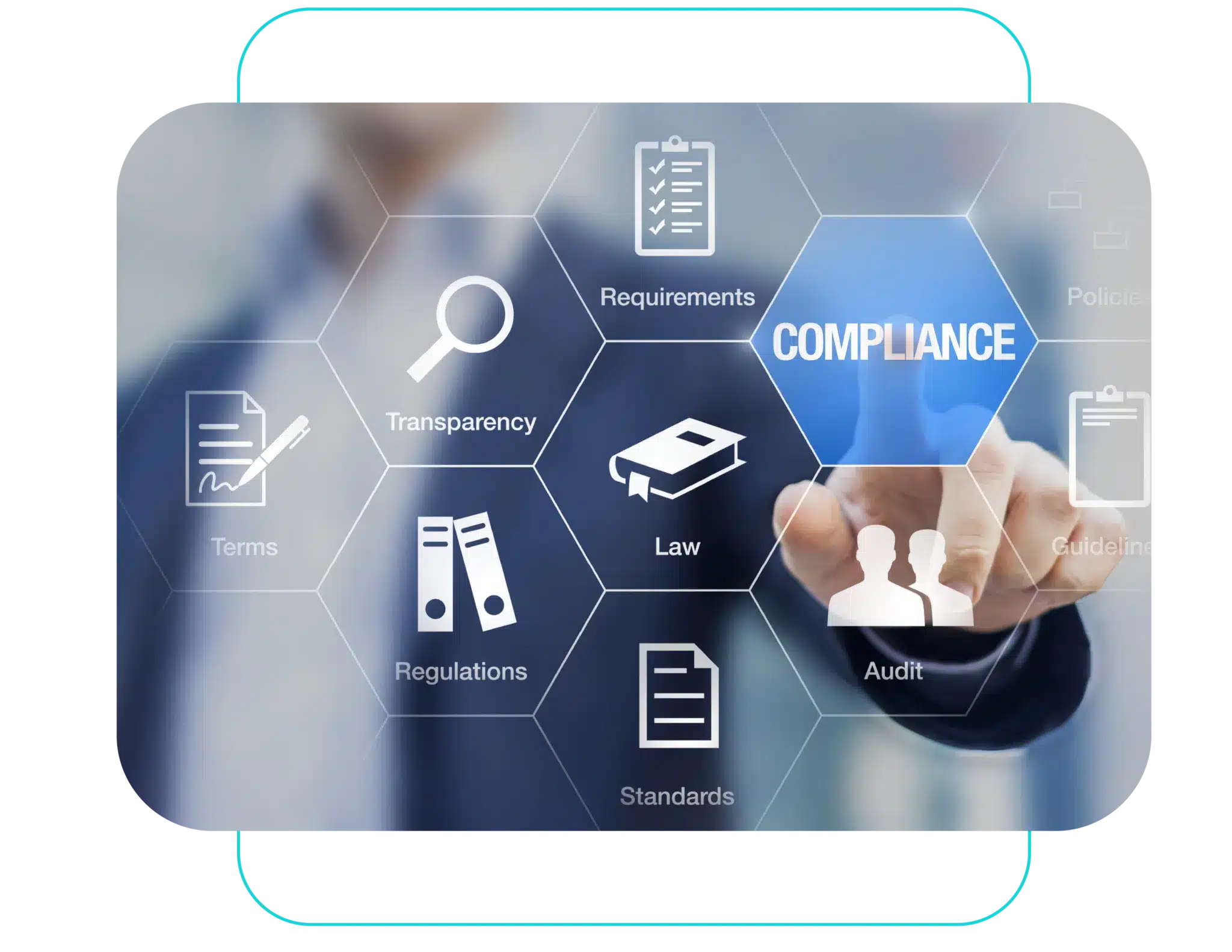 Finger pointing at a glowing Compliance hexagon among connected governance icons for Propio HealthTrust language solutions