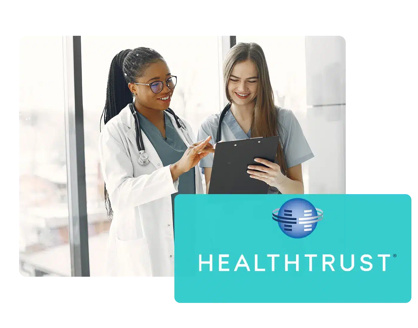 Doctor and colleague in scrubs reviewing a clipboard, with a HealthTrust logo overlay for Propio language solutions
