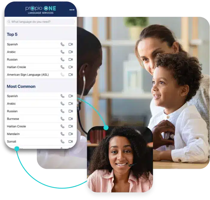 Doctor examining a smiling boy with a parent during a healthcare visit, with a Propio remote interpreter on video