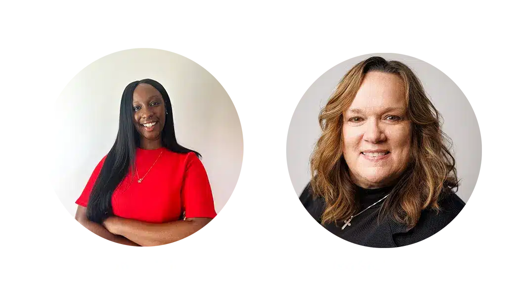Two smiling women in circular headshots, one in a red top and one in a black top, for Propio HealthTrust language solutions