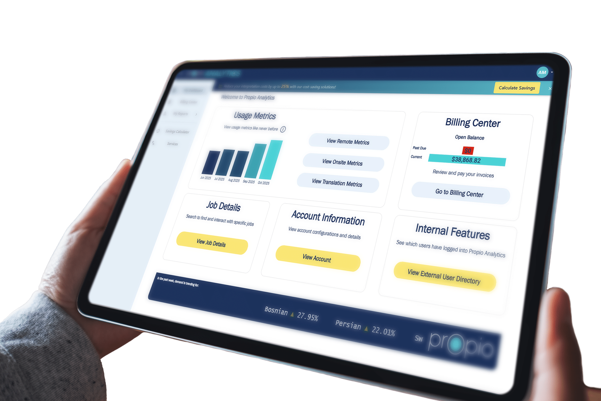 Hands hold a tablet displaying a business dashboard with usage metrics, billing center, account information, and internal features in a clean layout.